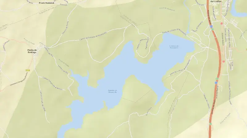 Road map of Riosequillo reservoir, Community of Madrid, Spain