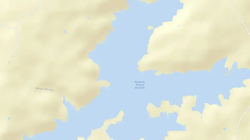 Road map of Rivera de Gata reservoir, Cáceres, Extremadura, Spain