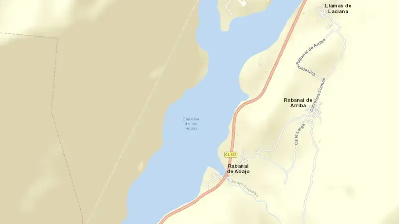 Road map of Las Rozas reservoir, León, Castile and León, Spain