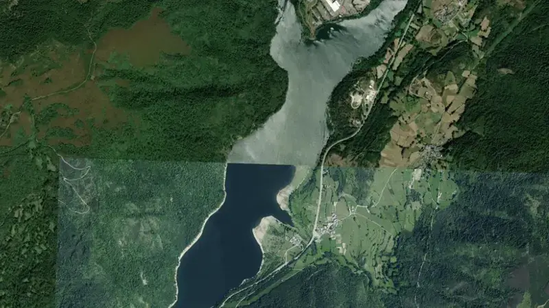 Satellite view of Las Rozas reservoir, León, Castile and León, Spain