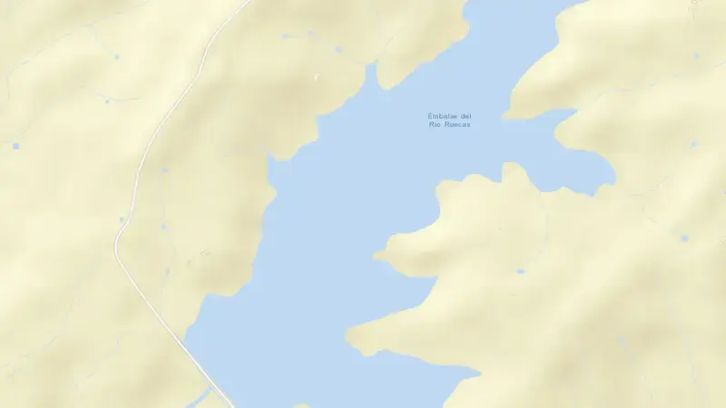 Road map of Ruecas reservoir, Cáceres, Extremadura, Spain