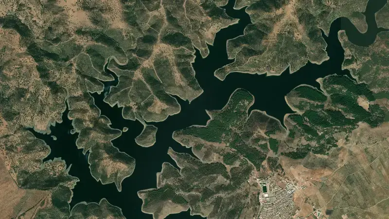 Satellite view of Rumblar reservoir, Jaén, Andalusia, Spain
