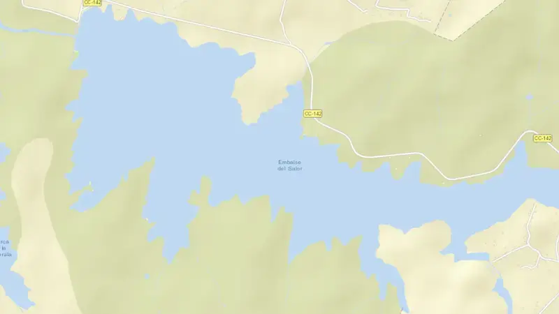 Road map of Salor reservoir, Cáceres, Extremadura, Spain