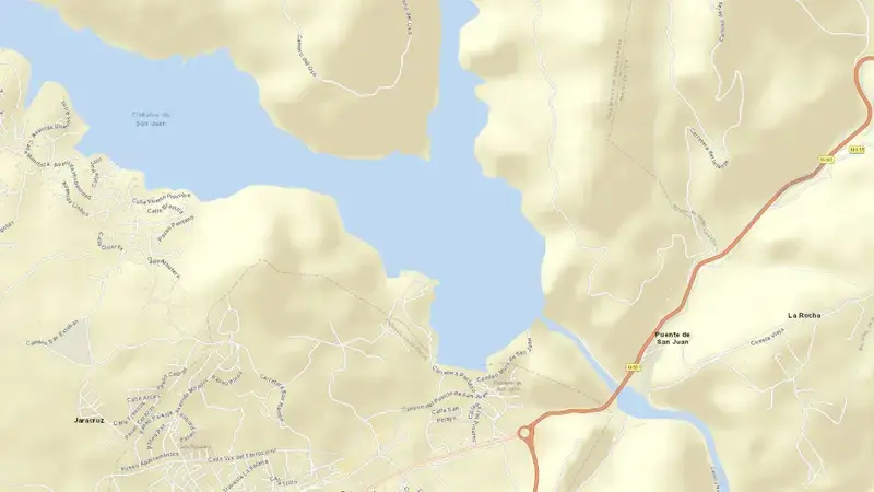 Road map of San Juan reservoir, Community of Madrid, Spain