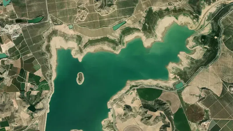 Satellite view of San Salvador reservoir, Huesca, Aragon, Spain
