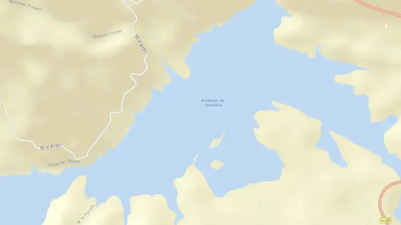Road map of Santolea reservoir, Teruel, Aragon, Spain