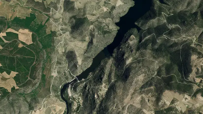 Satellite view of Saucelle reservoir, Salamanca, Castile and León, Spain