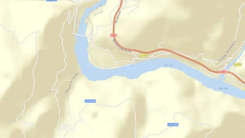 Road map of Sequeiros reservoir, Lugo, Galicia, Spain