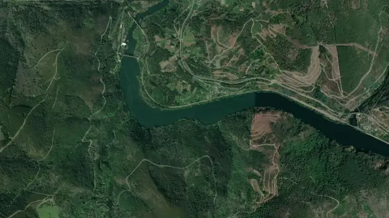 Satellite view of Sequeiros reservoir, Lugo, Galicia, Spain