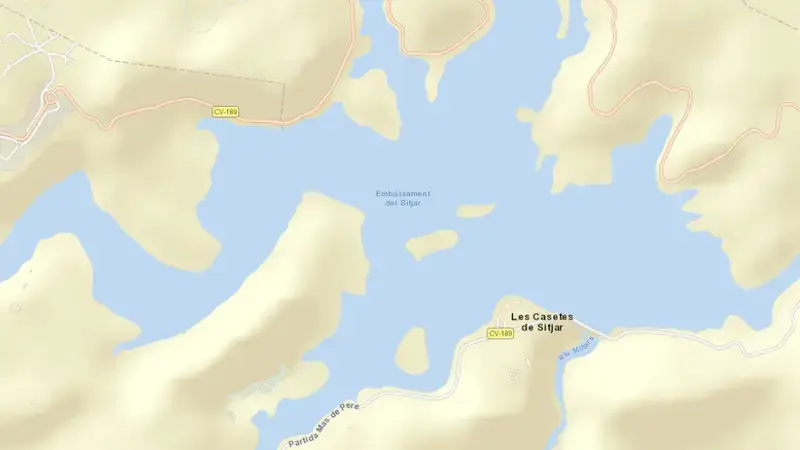 Road map of Sichar reservoir, Castelló / Castellón, Valencian Community, Spain