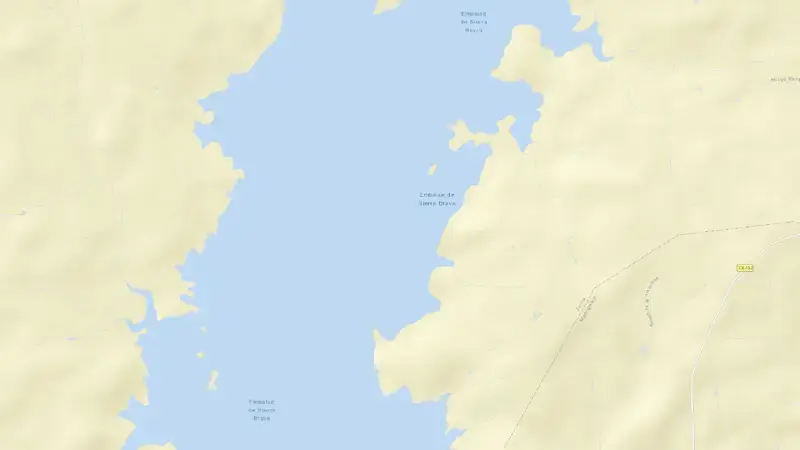 Road map of Sierra Brava reservoir, Cáceres, Extremadura, Spain
