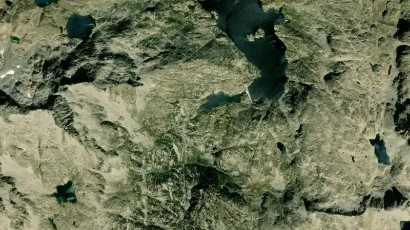 Satellite view of Sistema Alto Caldarés reservoir, Huesca, Aragon, Spain