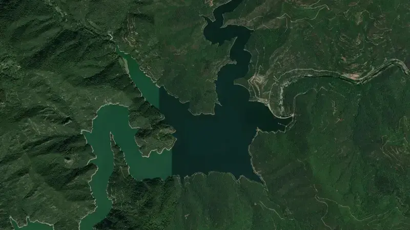 Satellite view of Susqueda reservoir, Girona, Catalonia, Spain