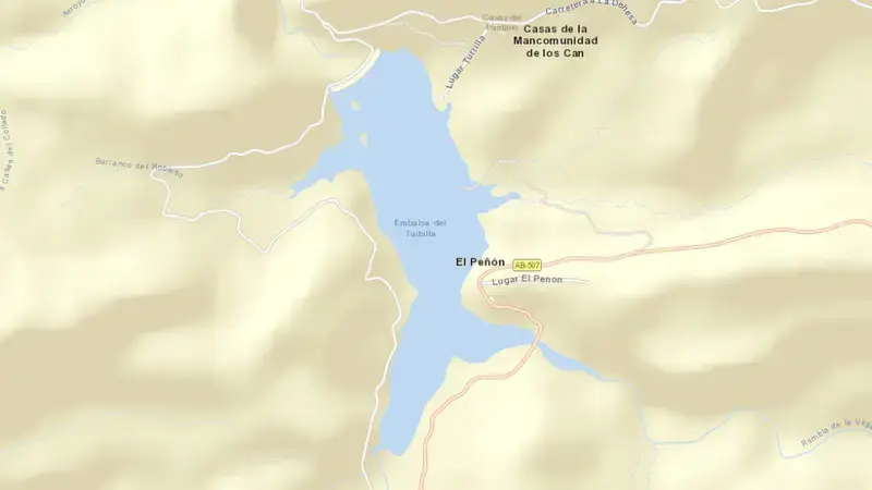 Road map of Taibilla reservoir, Albacete, Castile-La Mancha, Spain