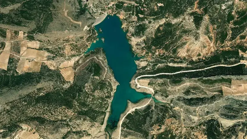 Satellite view of Taibilla reservoir, Albacete, Castile-La Mancha, Spain