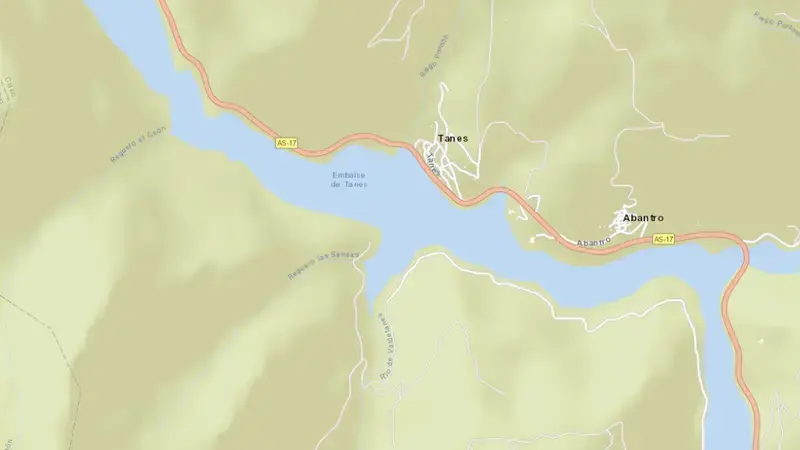 Road map of Tanes reservoir, Asturias, Spain