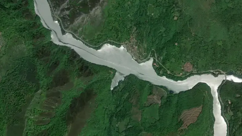 Satellite view of Tanes reservoir, Asturias, Spain