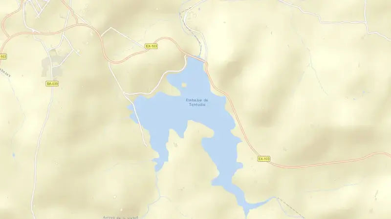 Road map of Tentudía reservoir, Badajoz, Extremadura, Spain
