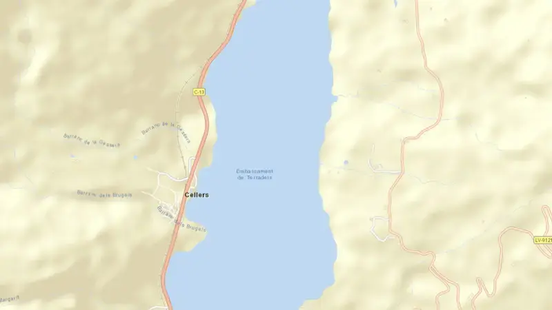 Road map of Terradets reservoir, Pallars Jussà, Catalonia, Spain