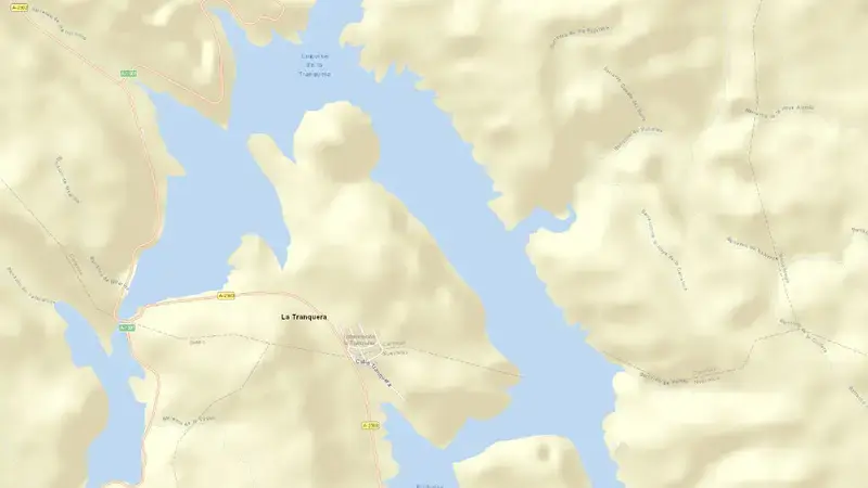 Road map of La Tranquera reservoir, Zaragoza, Aragon, Spain