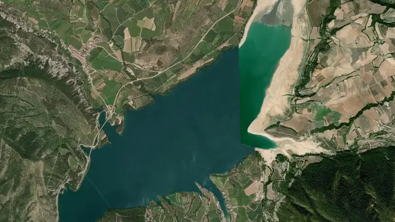 Satellite view of Tremp o Talarn reservoir, Lleida, Catalonia, Spain