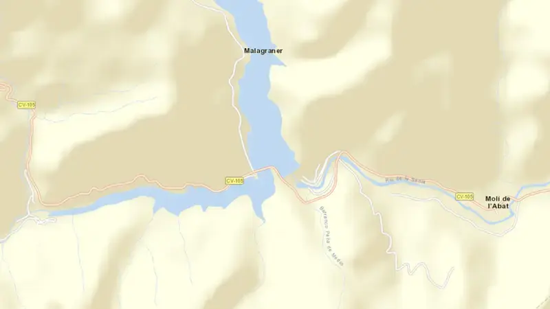 Road map of Ulldecona reservoir, Castelló / Castellón, Valencian Community, Spain