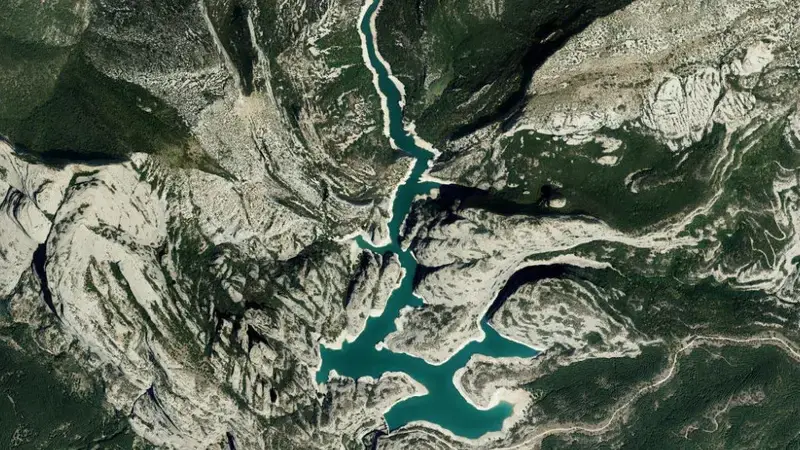 Satellite view of Vadiello reservoir, Huesca, Aragon, Spain