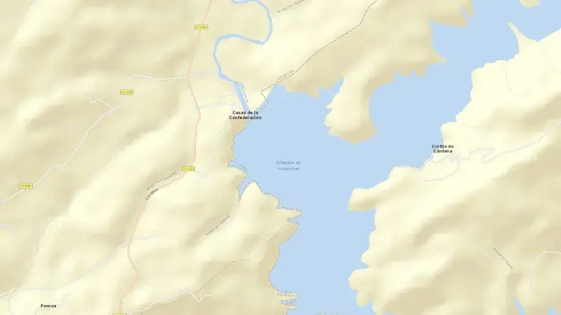 Road map of Vadomojón reservoir, Córdoba, Andalusia, Spain