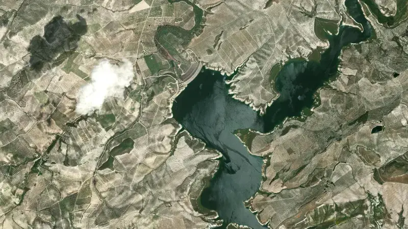 Satellite view of Vadomojón reservoir, Córdoba, Andalusia, Spain