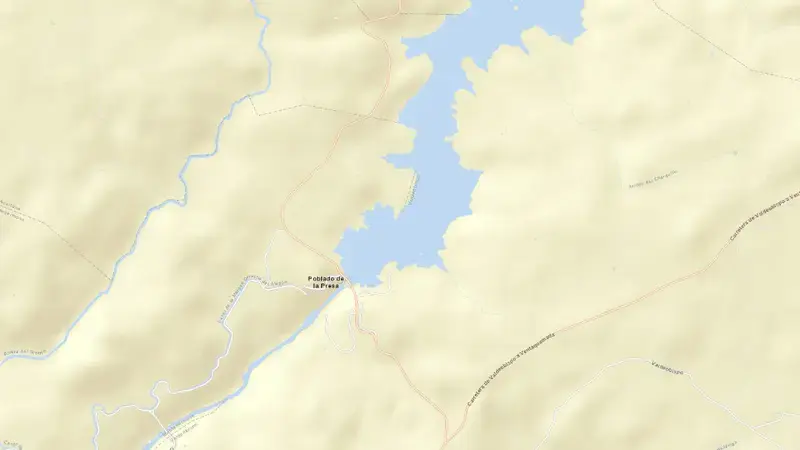 Road map of Valdeobispo reservoir, Cáceres, Extremadura, Spain