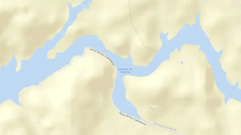 Road map of Valuengo reservoir, Badajoz, Extremadura, Spain