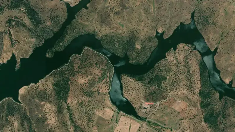 Satellite view of Valuengo reservoir, Badajoz, Extremadura, Spain