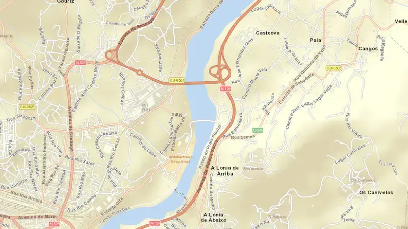 Road map of Velle reservoir, Ourense, Galicia, Spain