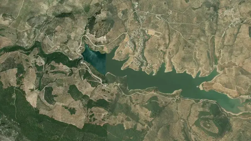 Satellite view of Víboras reservoir, Jaén, Andalusia, Spain