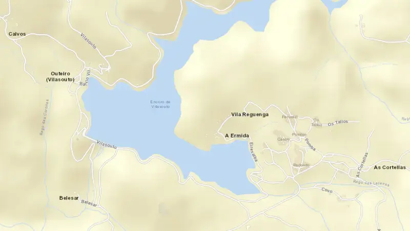 Road map of Vilasouto reservoir, Lugo, Galicia, Spain