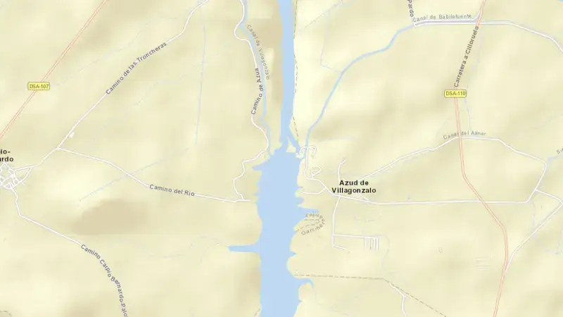 Road map of Villagonzalo reservoir, Salamanca, Castile and León, Spain