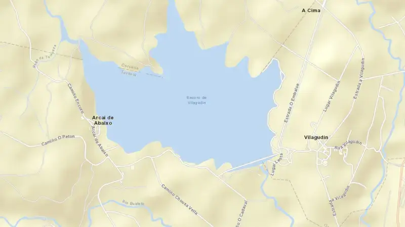 Road map of Villagudín reservoir, Ordes, Galicia, Spain