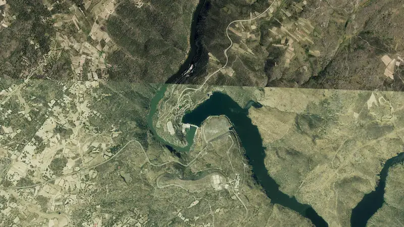 Satellite view of Villalcampo reservoir, Zamora, Castile and León, Spain