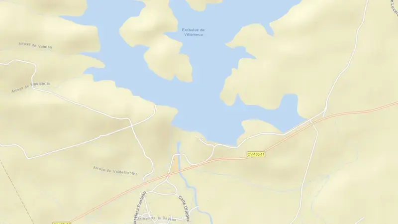 Road map of Villameca reservoir, León, Castile and León, Spain