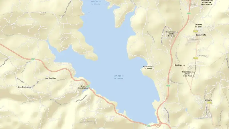 Road map of La Viñuela reservoir, Malaga, Andalusia, Spain