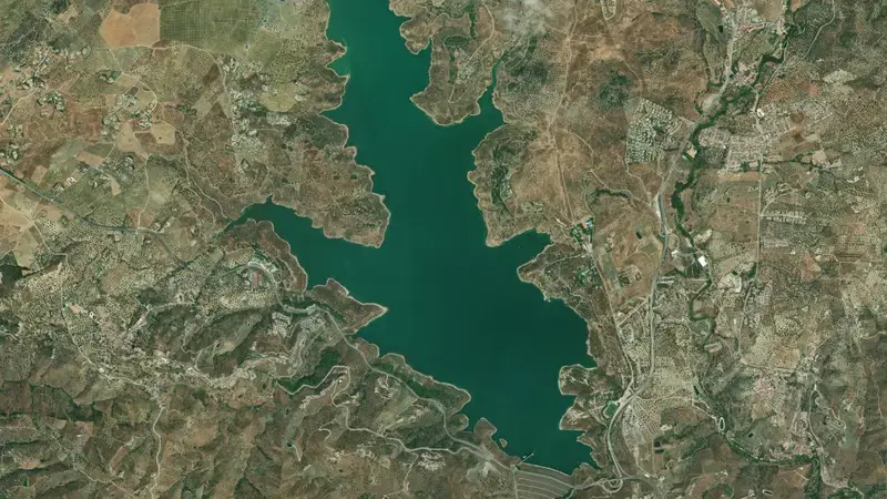 Satellite view of La Viñuela reservoir, Malaga, Andalusia, Spain