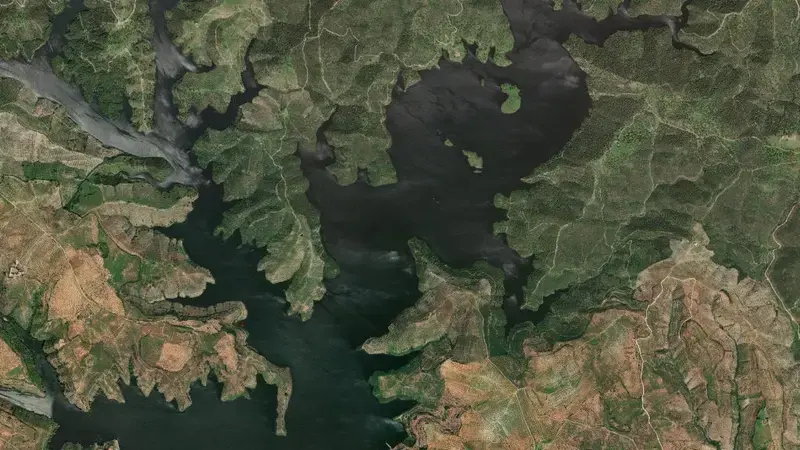 Satellite view of Yeguas reservoir, Jaén, Andalusia, Spain