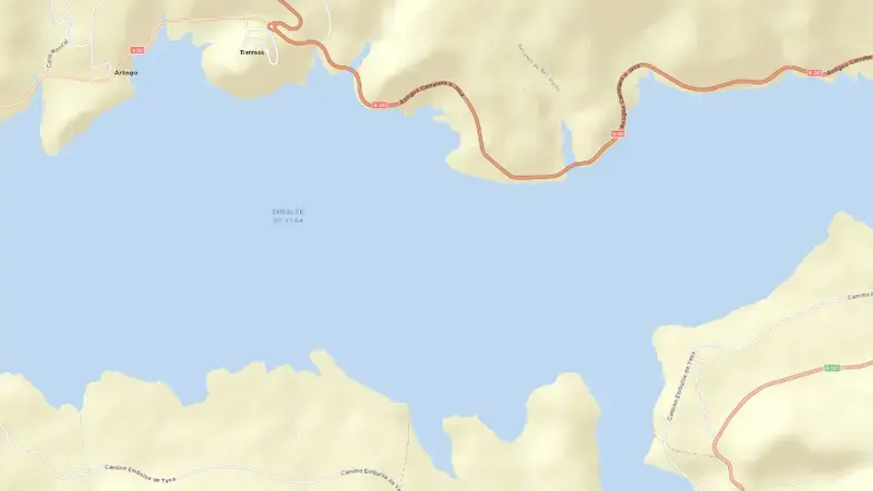 Road map of Yesa reservoir, Zaragoza, Aragon, Spain