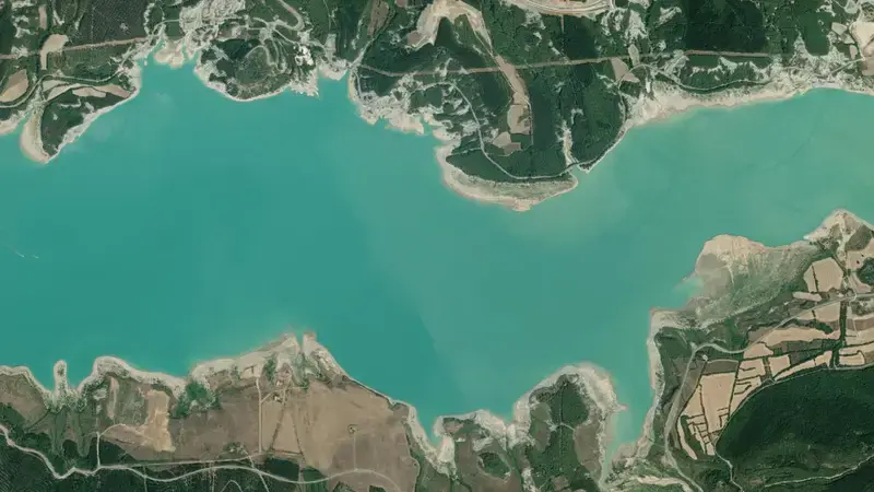 Satellite view of Yesa reservoir, Zaragoza, Aragon, Spain