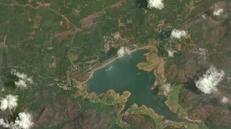 Satellite view of Aliyar reservoir, Andhra Pradesh, India