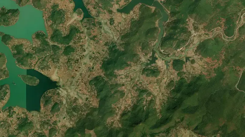 Satellite view of Balimela Dam reservoir, Odisha, India
