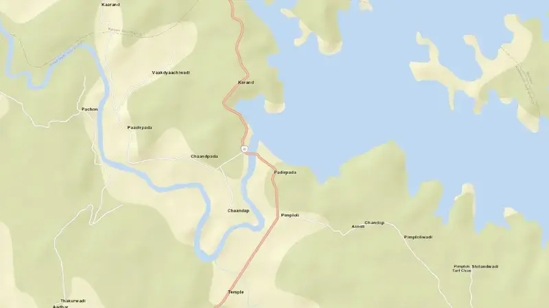 Road map of Barvi Dam reservoir, IN, India