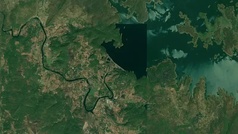 Satellite view of Barvi Dam reservoir, IN, India