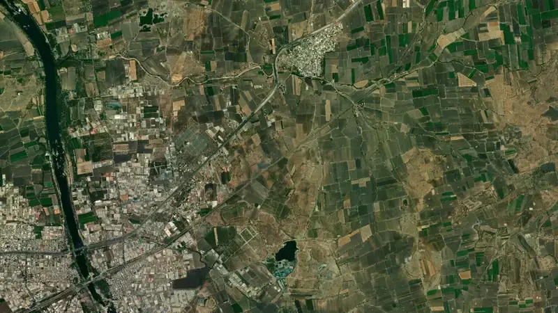 Satellite view of Bhadar Dam reservoir, Gujarat, India