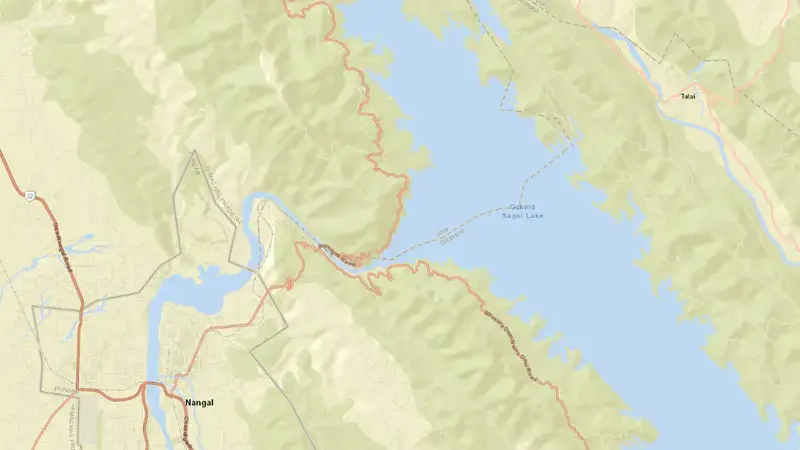 Road map of Bhakra Dam / Gobind Sagar Reservoir reservoir, Himachal Pradesh, India